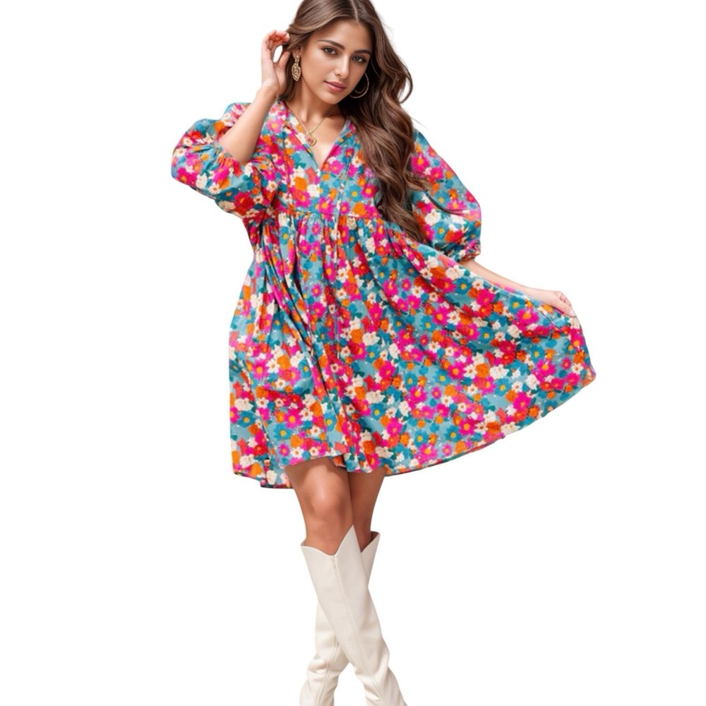 Entro Floral Mini Dress L 100% Cotton Puff Sleeve Tie Neck Boho Western